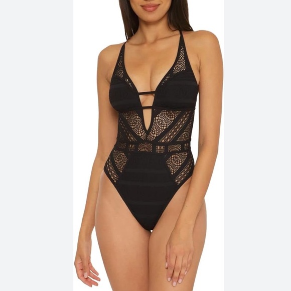 BECCA Black Color Play Plunging Neck Crochet High Leg One Piece Swimsuit - Picture 1 of 14